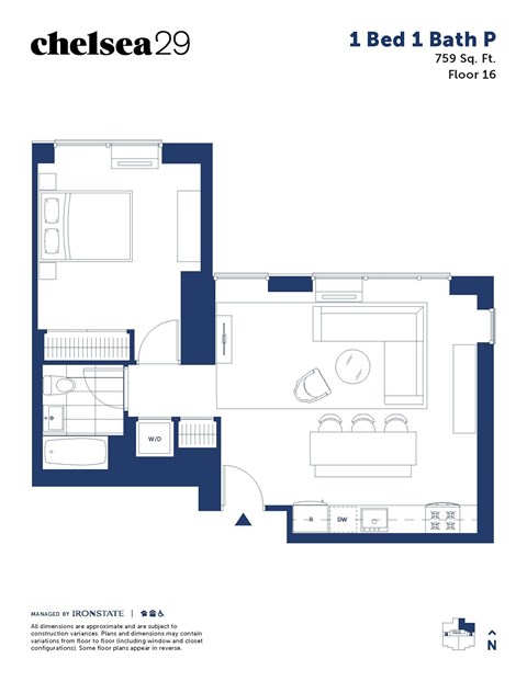 A floor plan for a 1 Bed 1 Bath property.